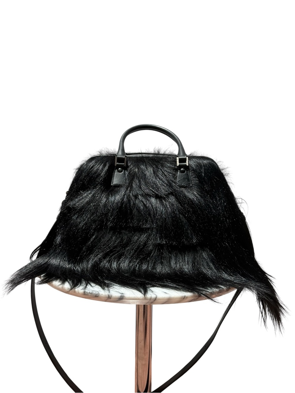 Maison Margiela ‘Kidassia Fur 5AC Bag’ w/ Long Black Goat Fur Top-Handle Satchel